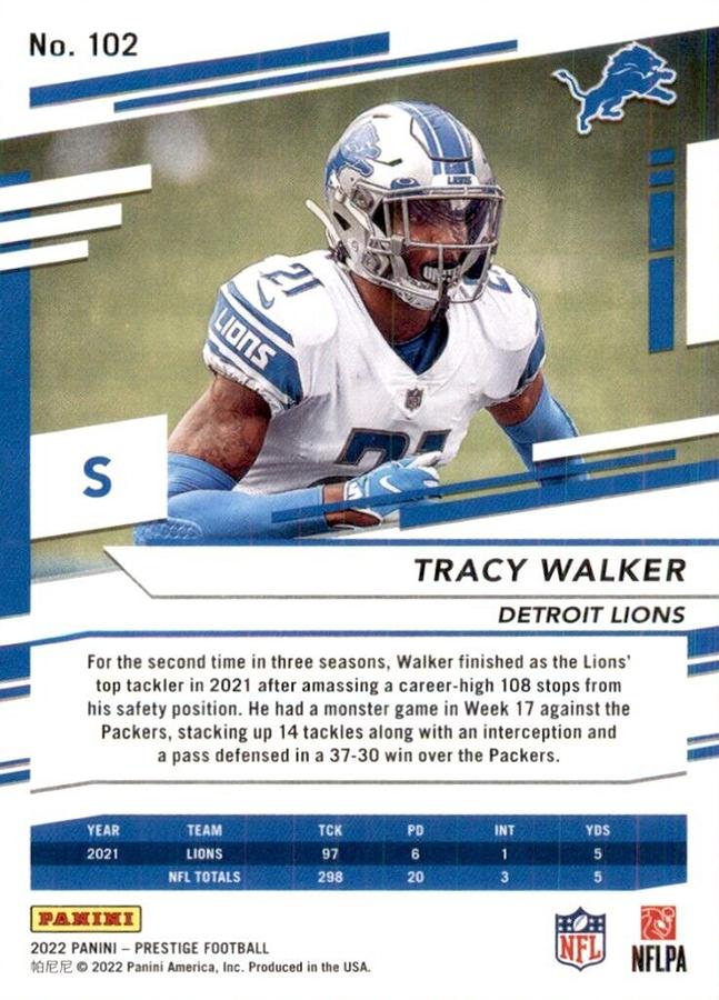 2022 Panini Prestige Base Tracy Walker #102 Detroit Lions