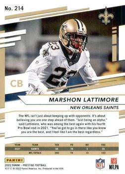 2022 Panini Prestige Base Marshon Lattimore #214 New Orleans Saints