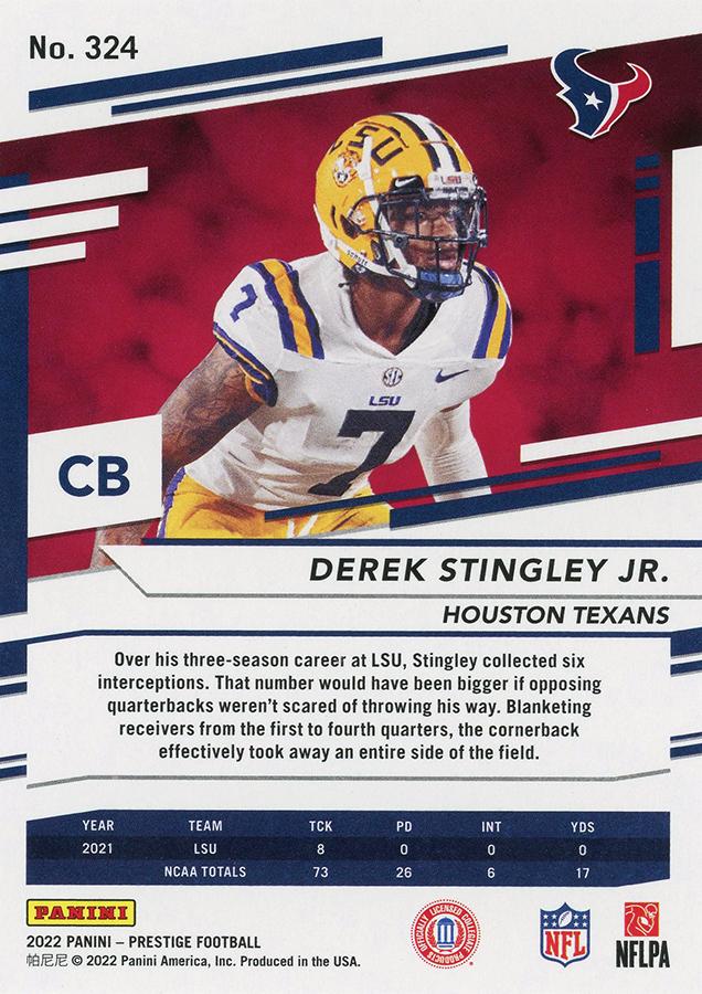 2022 Panini Prestige Rookies Derek Stingley Jr. RC #324 Houston Texans