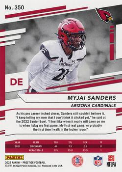 2022 Panini Prestige Rookies Myjai Sanders RC #350 Arizona Cardinals