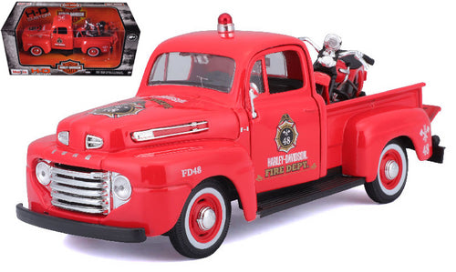 Maisto 1948 Ford F-1 Pickup Truck "Harley Davidson" Fire Truck and 1936 El Knucklehead Motorcycle 1/24 Diecast Models by Maisto - walk-of-famesports