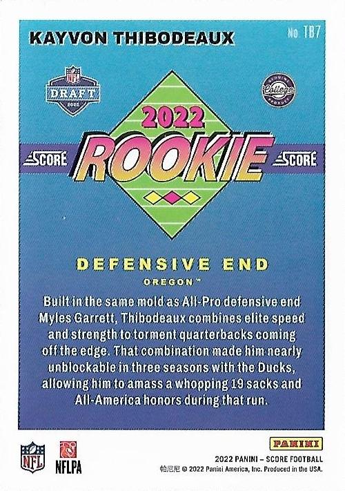 2022 Panini Score 1992 Throwback Rookie Kayvon Thibodeaux TB7 Oregon Ducks