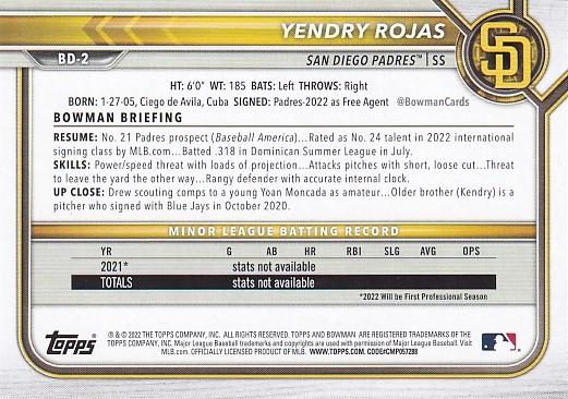 2022 Bowman Draft Yendry Rojas BD-2 San Diego Padres