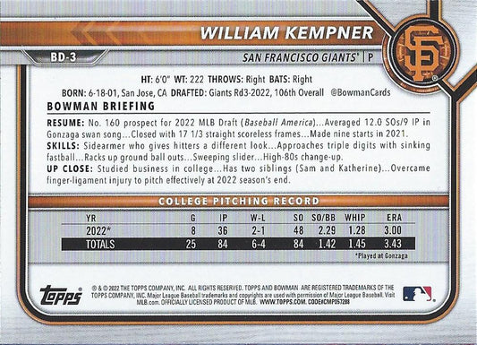 2022 Bowman Draft William Kempner FBC 1st Bowman BD-3 San Francisco Giants