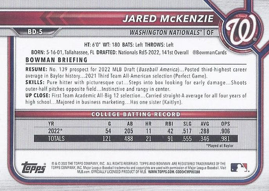 2022 Bowman Draft Jared McKenzie FBC 1st Bowman BD-5 Washington Nationals