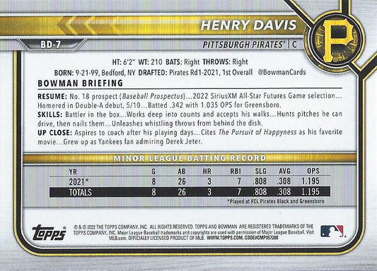 2022 Bowman Draft Henry Davis BD-7 Pittsburgh Pirates