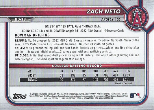 2022 Bowman Draft Zach Neto FBC 1st Bowman BD-18 Los Angeles Angels