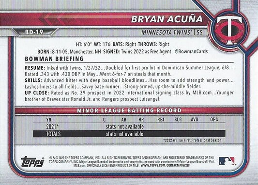 2022 Bowman Draft Bryan Acuna BD-19 Minnesota Twins