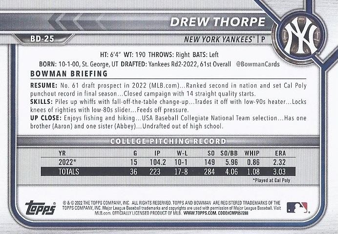 2022 Bowman Draft Drew Thorpe FBC 1st Bowman BD-25 New York Yankees