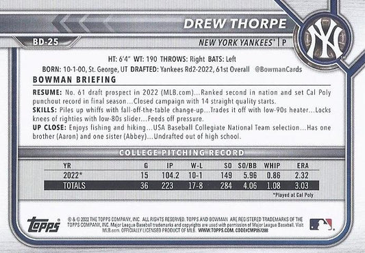 2022 Bowman Draft Drew Thorpe FBC 1st Bowman BD-25 New York Yankees