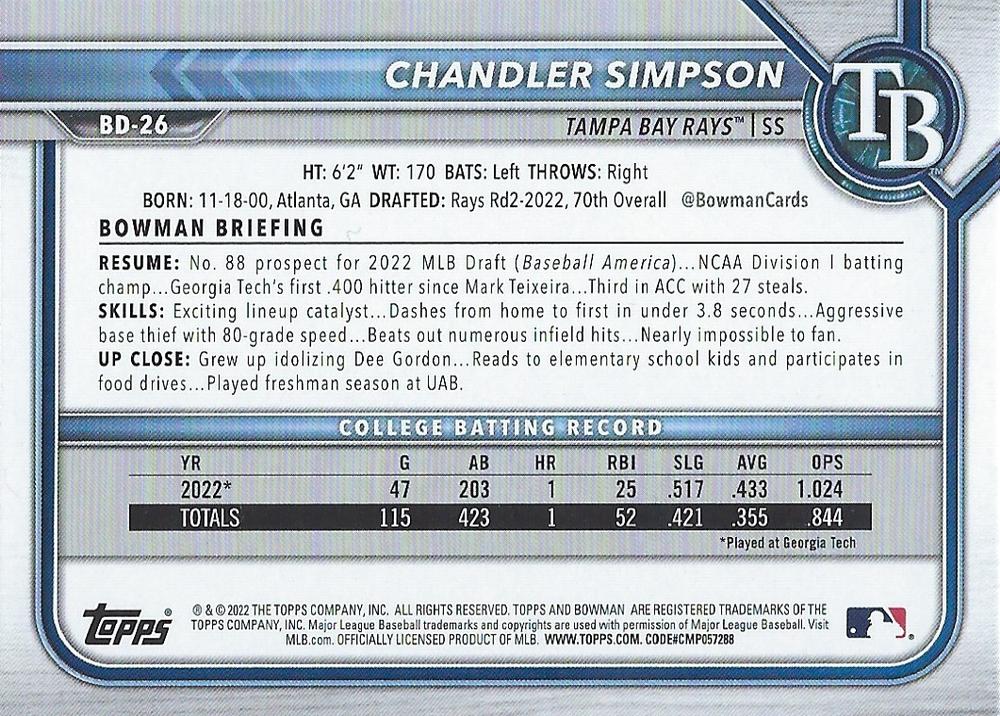 2022 Bowman Draft Chandler Simpson FBC 1st Bowman BD-26 Tampa Bay Rays