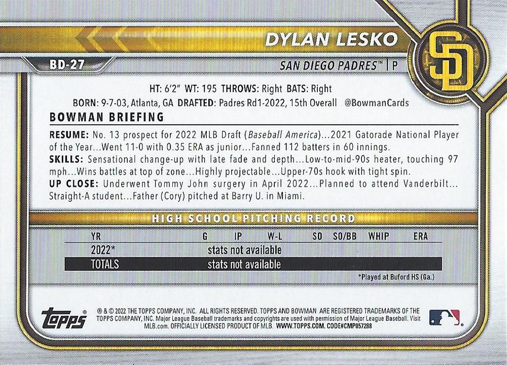 2022 Bowman Draft Dylan Lesko FBC 1st Bowman BD-27 San Diego Padres