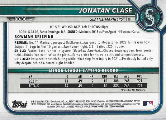 2022 Bowman Draft Jonatan Clase BD-30 Seattle Mariners
