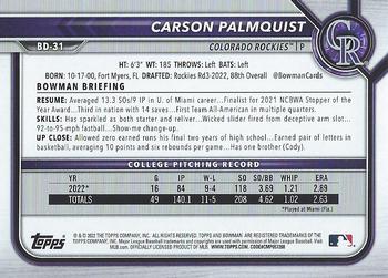 2022 Bowman Draft Carson Palmquist FBC 1st Bowman BD-31 Colorado Rockies