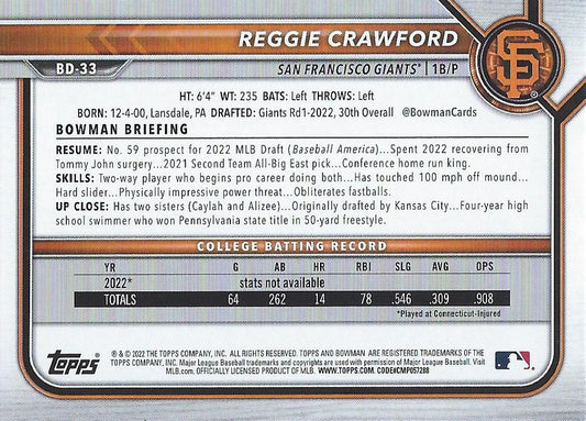 2022 Bowman Draft Reggie Crawford FBC 1st Bowman BD-33 San Francisco Giants