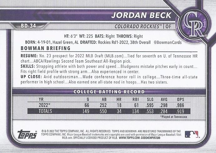 2022 Bowman Draft Jordan Beck FBC 1st Bowman BD-34 Colorado Rockies