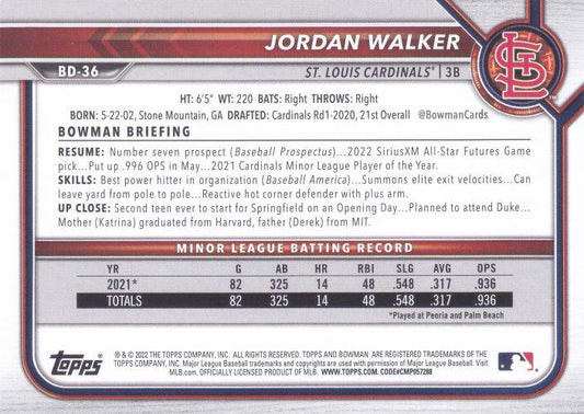 2022 Bowman Draft Jordan Walker BD-36 St. Louis Cardinals