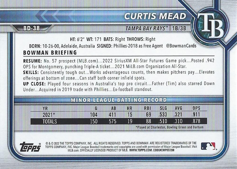 2022 Bowman Draft Curtis Mead BD-38 Tampa Bay Rays