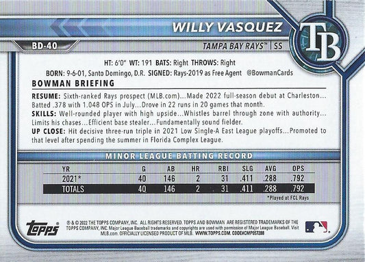 2022 Bowman Draft Willy Vasquez BD-40 Tampa Bay Rays