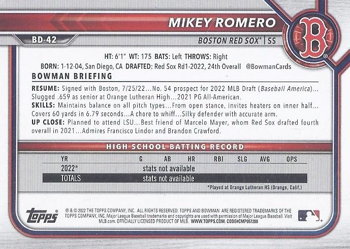 2022 Bowman Draft Mikey Romero FBC 1st Bowman BD-42 Boston Red Sox