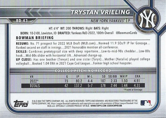 2022 Bowman Draft Trystan Vrieling FBC 1st Bowman BD-43 New York Yankees