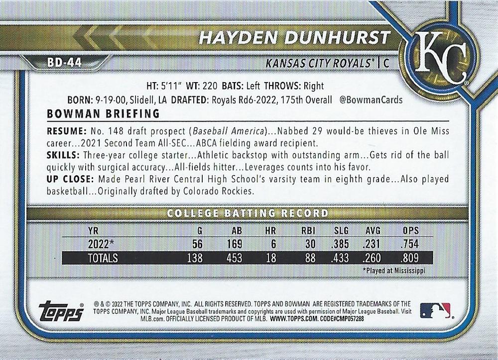 2022 Bowman Draft Hayden Dunhurst FBC 1st Bowman BD-44 Kansas City Royals