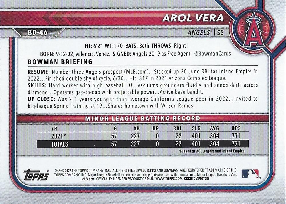 2022 Bowman Draft Arol Vera BD-46 Los Angeles Angels