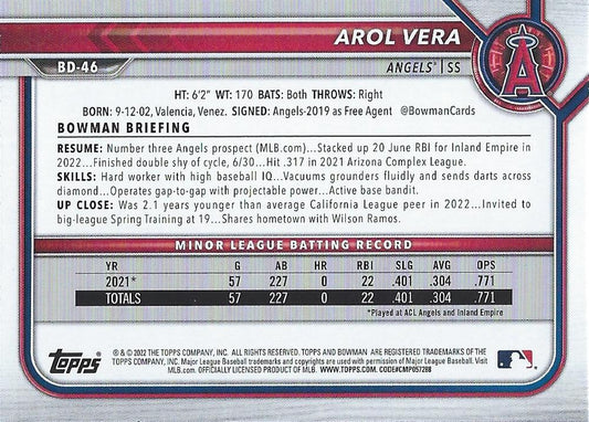 2022 Bowman Draft Arol Vera BD-46 Los Angeles Angels