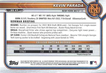 2022 Bowman Draft Kevin Parada FBC 1st Bowman BD-47 New York Mets