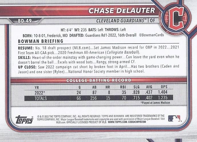 2022 Bowman Draft Chase DeLauter FBC 1st Bowman BD-49 Cleveland Guardians