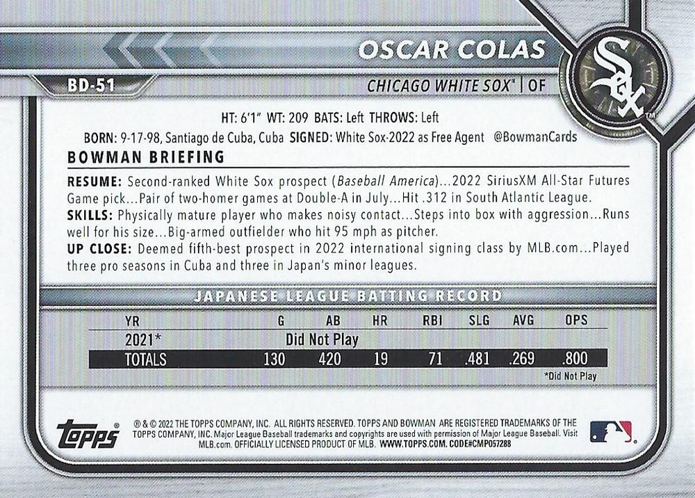 2022 Bowman Draft Oscar Colas BD-51 Chicago White Sox