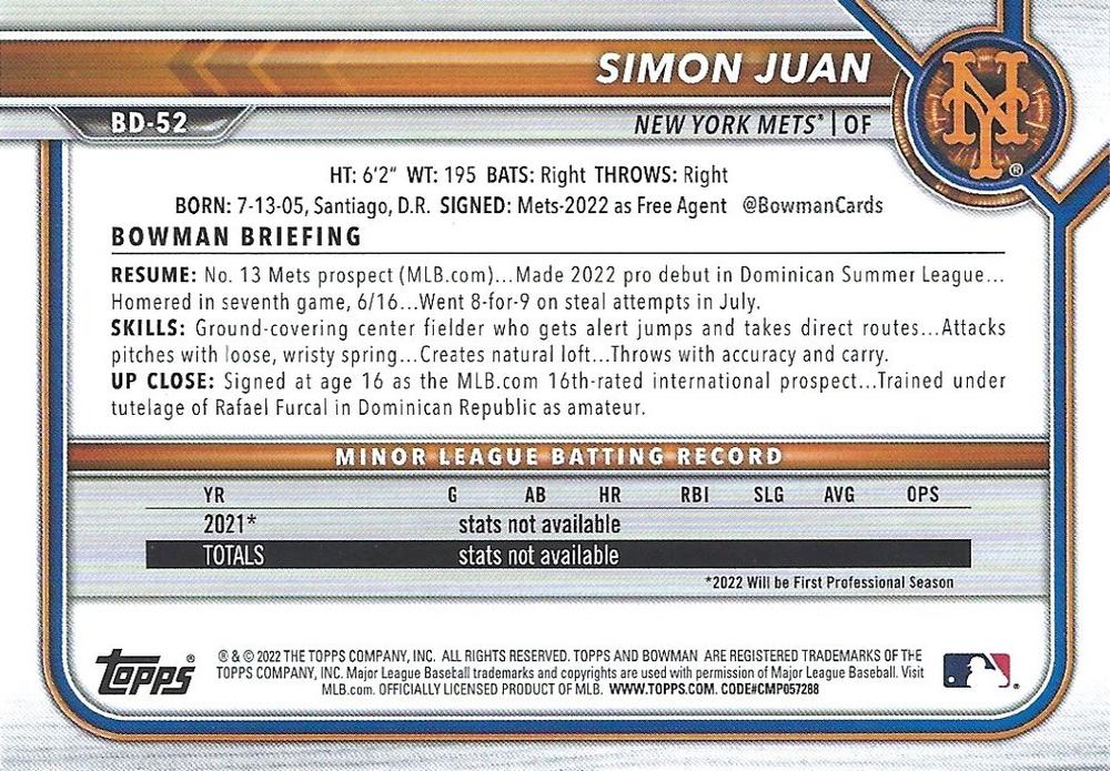 2022 Bowman Draft Simon Juan BD-52 New York Mets