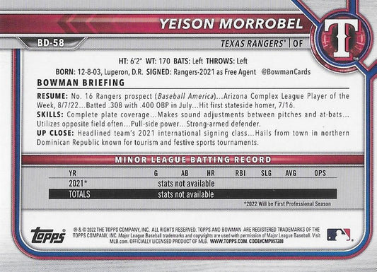 2022 Bowman Draft Yeison Morrobel BD-58 Texas Rangers
