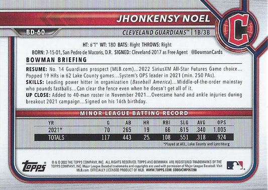 2022 Bowman Draft Jhonkensy Noel BD-60 Cleveland Guardians