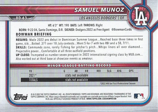 2022 Bowman Draft Samuel Munoz BD-63 Los Angeles Dodgers