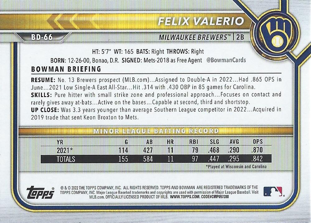 2022 Bowman Draft Felix Valerio BD-66 Milwaukee Brewers