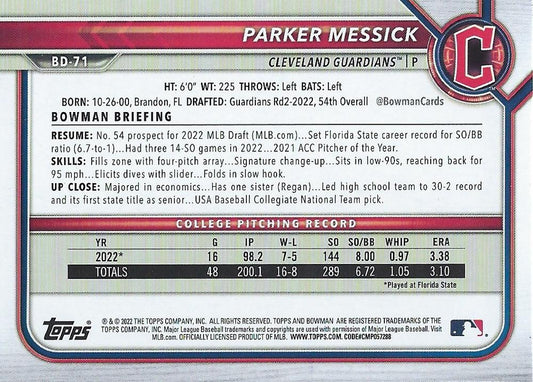 2022 Bowman Draft Parker Messick FBC 1st Bowman BD-71 Cleveland Guardians