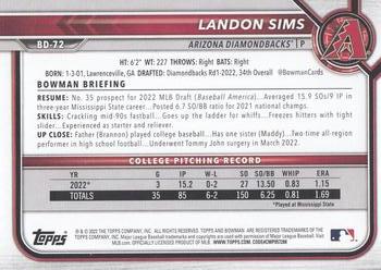 2022 Bowman Draft Landon Sims FBC 1st Bowman BD-72 Arizona Diamondbacks