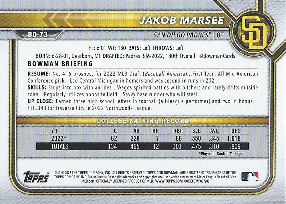 2022 Bowman Draft Jakob Marsee FBC 1st Bowman BD-73 San Diego Padres