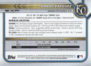 2022 Bowman Draft Daniel Vazquez BD-74 Kansas City Royals