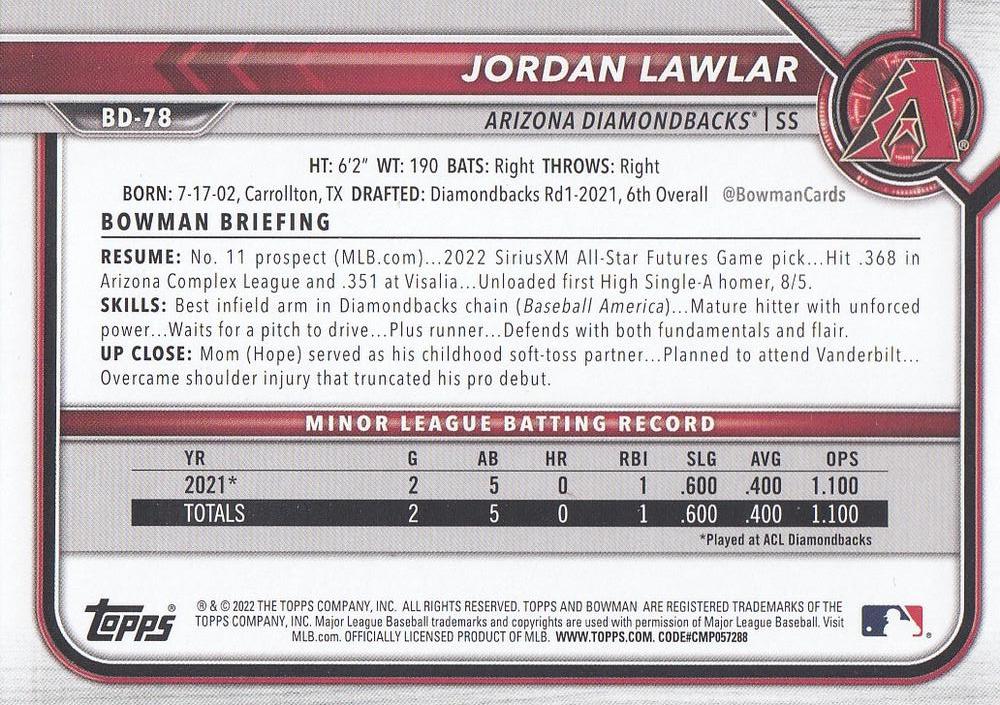 2022 Bowman Draft Jordan Lawlar BD-78 Arizona Diamondbacks