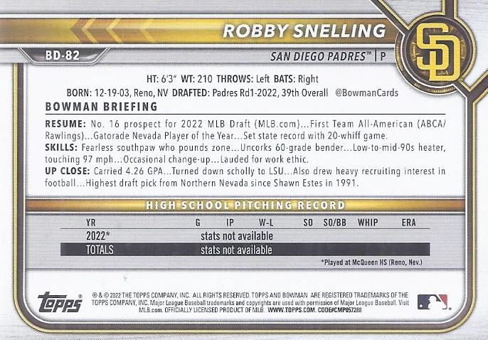 2022 Bowman Draft Robby Snelling FBC 1st Bowman BD-82 San Diego Padres