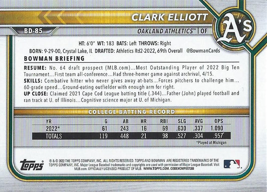 2022 Bowman Draft Clark Elliott FBC 1st Bowman BD-85 Oakland Athletics