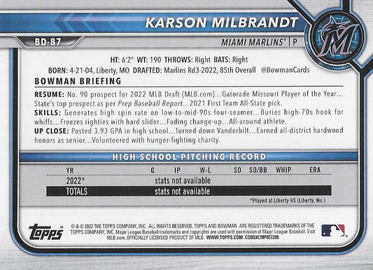 2022 Bowman Draft Karson Milbrandt FBC BD-87 Miami Marlins