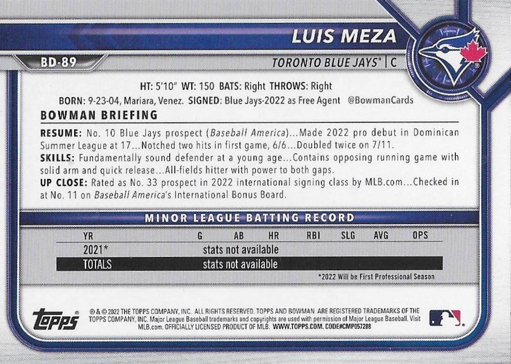2022 Bowman Draft Luis Meza BD-89 Toronto Blue Jays