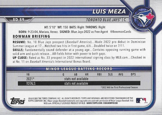 2022 Bowman Draft Luis Meza BD-89 Toronto Blue Jays