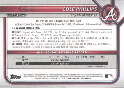 2022 Bowman Draft Cole Phillips FBC 1st Bowman BD-90 Atlanta Braves