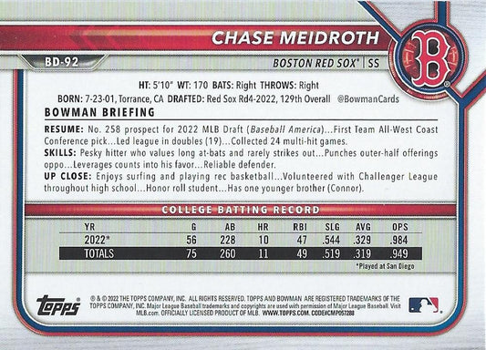 2022 Bowman Draft Chase Meidroth FBC 1st Bowman BD-92 Boston Red Sox