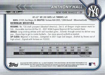 2022 Bowman Draft Anthony Hall FBC 1st Bowman BD-97 New York Yankees