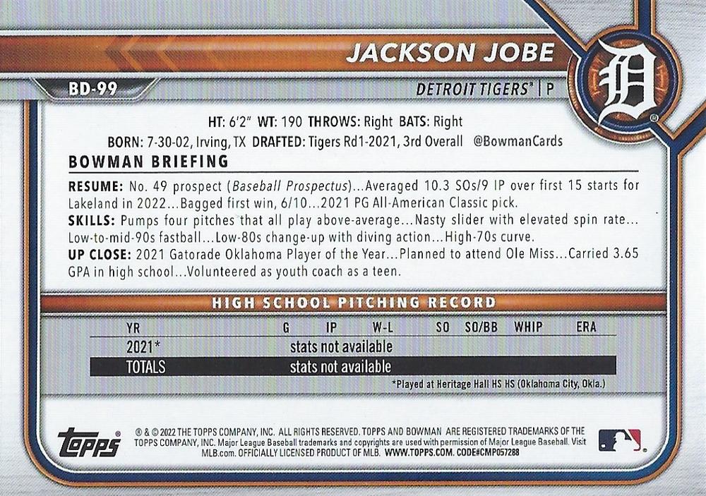 2022 Bowman Draft Jackson Jobe BD-99 Detroit Tigers